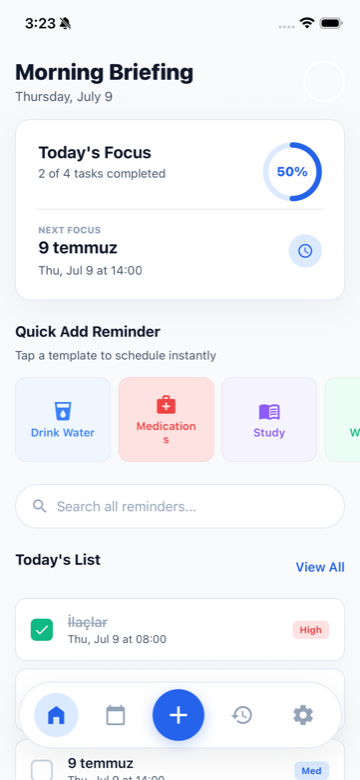 Remember4u home screen showing today's focus and quick add templates