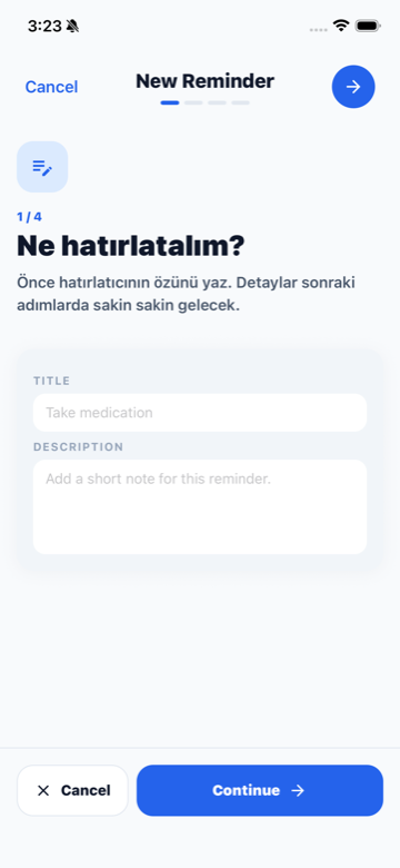 New reminder creation flow asking what to remind the user about