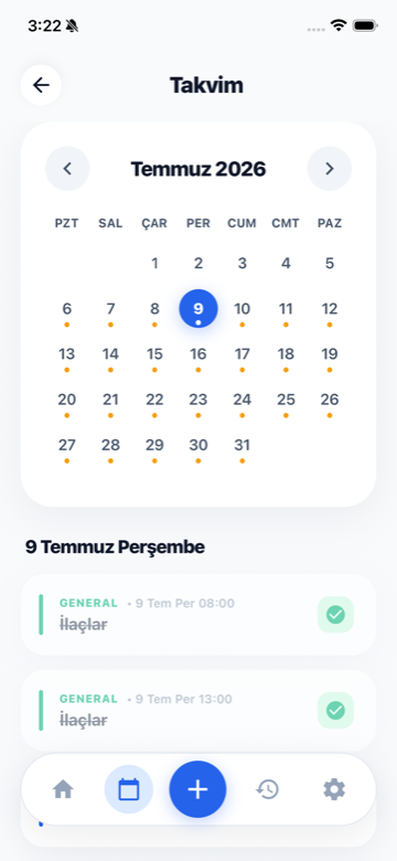 Her günde hatırlatıcıların işaretlendiği aylık takvim ekranı