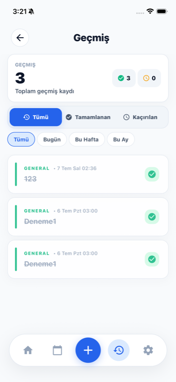 Tamamlanan ve kaçırılan hatırlatıcıları listeleyen geçmiş ekranı